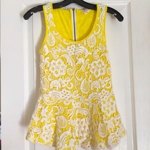 Bright Yellow White Lace Peplum Top - XS